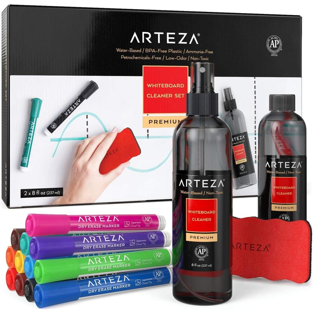 ARTEZA Whiteboard Cleaner Set with 12 Fine Tip Dry Erase Markers, Magnetic Eraser & an 8-ounce Cleaner, Office Supplies for Whiteboards, Glass Boards(15)