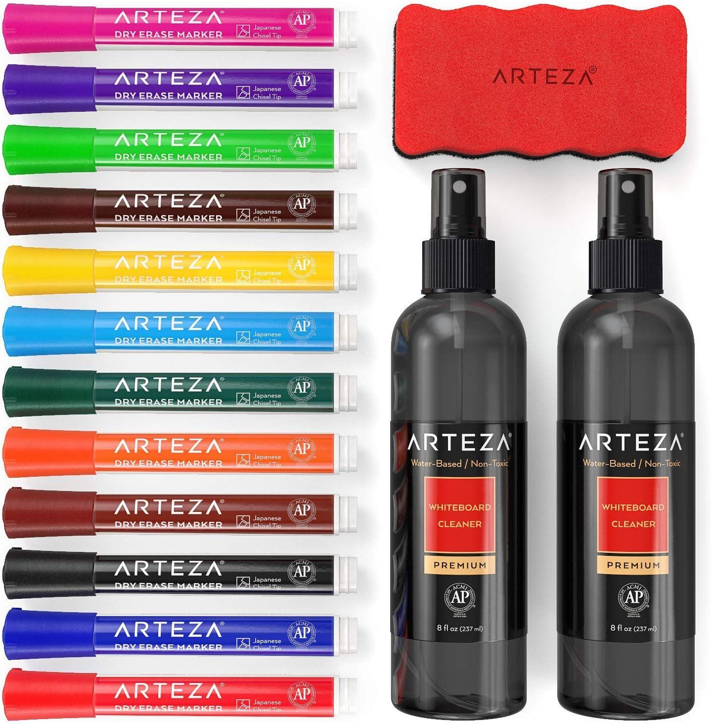 ARTEZA Whiteboard Cleaner Set with 12 Fine Tip Dry Erase Markers, Magnetic Eraser & an 8-ounce Cleaner, Office Supplies for Whiteboards, Glass Boards(15)