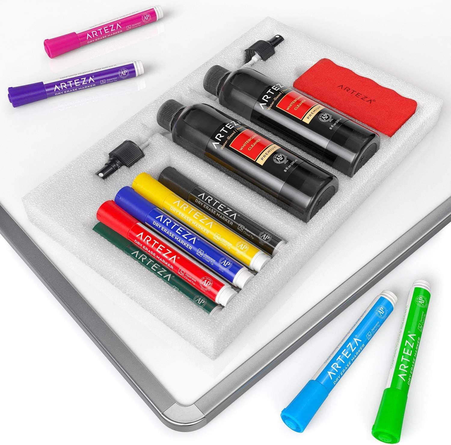 ARTEZA Whiteboard Cleaner Set with 12 Fine Tip Dry Erase Markers, Magnetic Eraser & an 8-ounce Cleaner, Office Supplies for Whiteboards, Glass Boards(15)