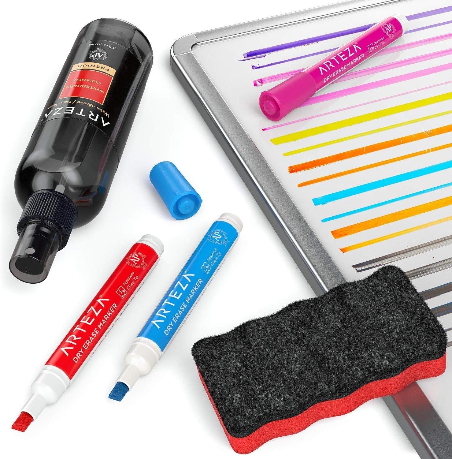 ARTEZA Whiteboard Cleaner Set with 12 Fine Tip Dry Erase Markers, Magnetic Eraser & an 8-ounce Cleaner, Office Supplies for Whiteboards, Glass Boards(15)