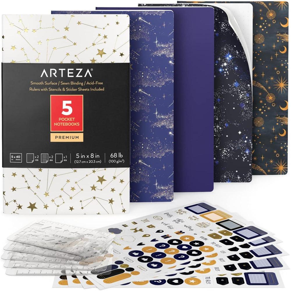 ARTEZA Pocket Notebooks, 5 x 8 Inches, Set of 5, 40 Sheets Each, Abstract Design, 2 Ruled, 2 Dotted and 1 Blank Softcover Journal with Smooth Paper(Constellation Designs)