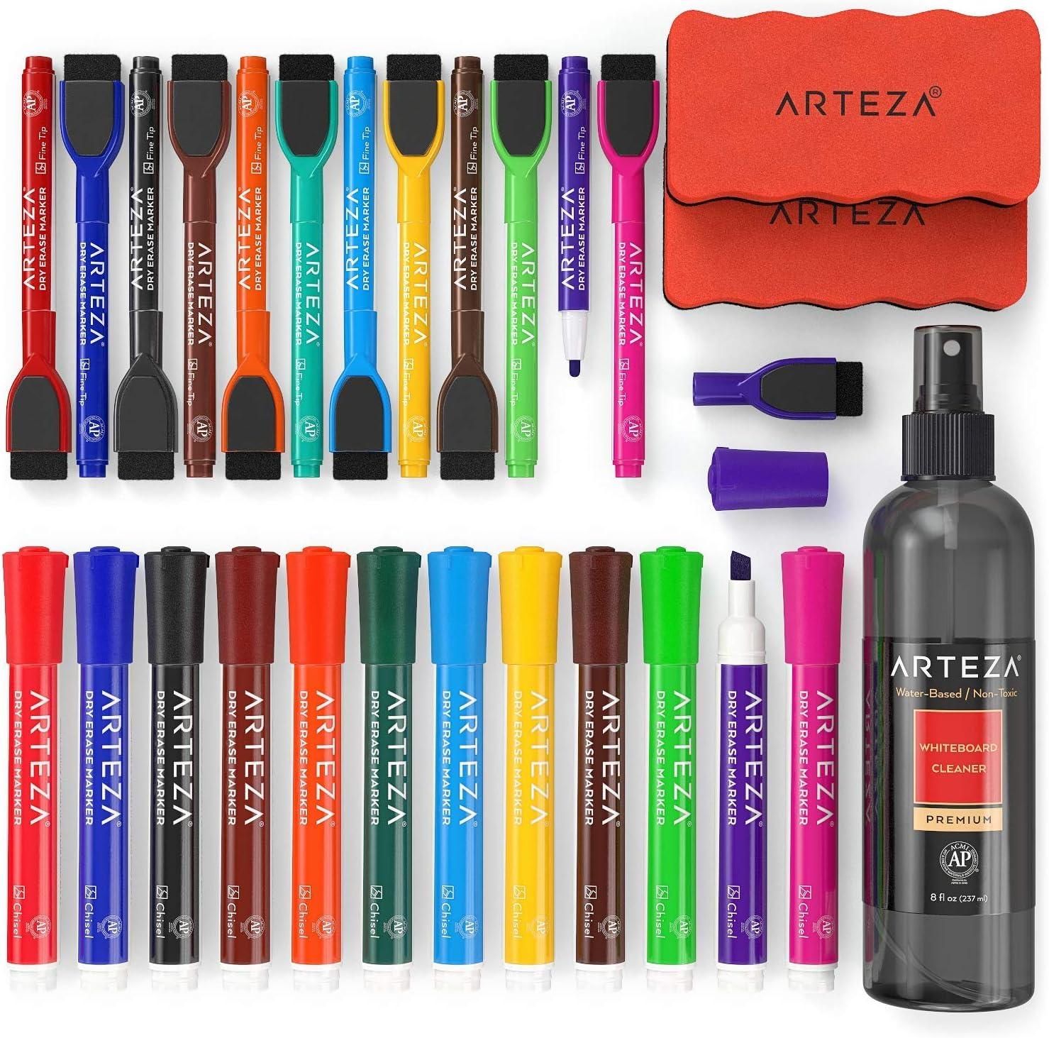 ARTEZA Whiteboard Cleaner Set with 12 Fine Tip Dry Erase Markers, Magnetic Eraser & an 8-ounce Cleaner, Office Supplies for Whiteboards, Glass Boards(27)