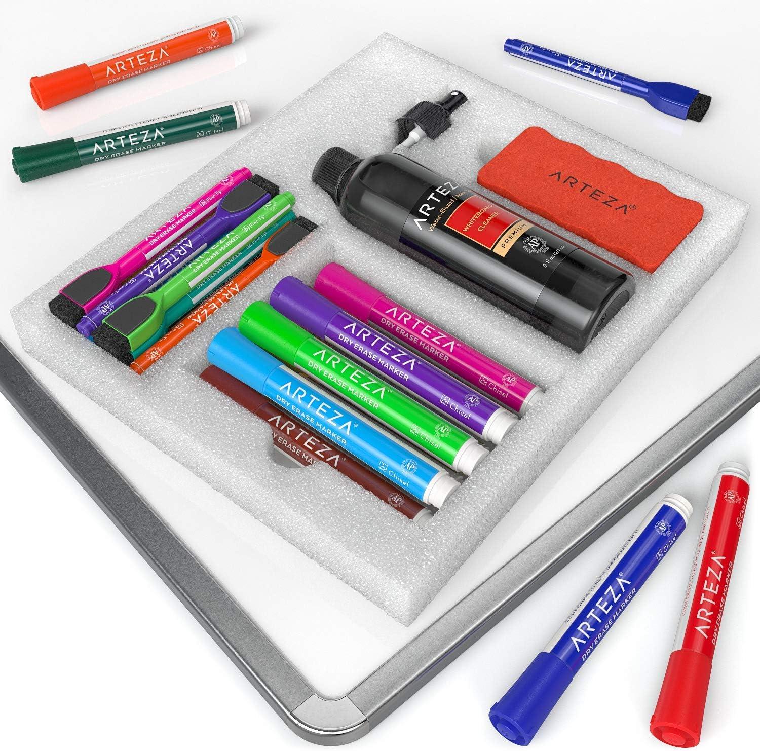 ARTEZA Whiteboard Cleaner Set with 12 Fine Tip Dry Erase Markers, Magnetic Eraser & an 8-ounce Cleaner, Office Supplies for Whiteboards, Glass Boards(27)