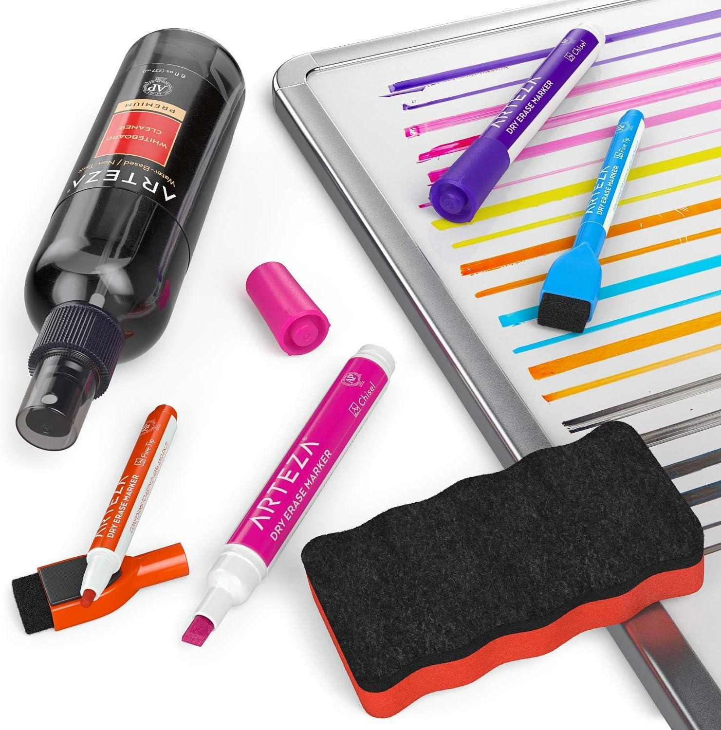 ARTEZA Whiteboard Cleaner Set with 12 Fine Tip Dry Erase Markers, Magnetic Eraser & an 8-ounce Cleaner, Office Supplies for Whiteboards, Glass Boards(27)