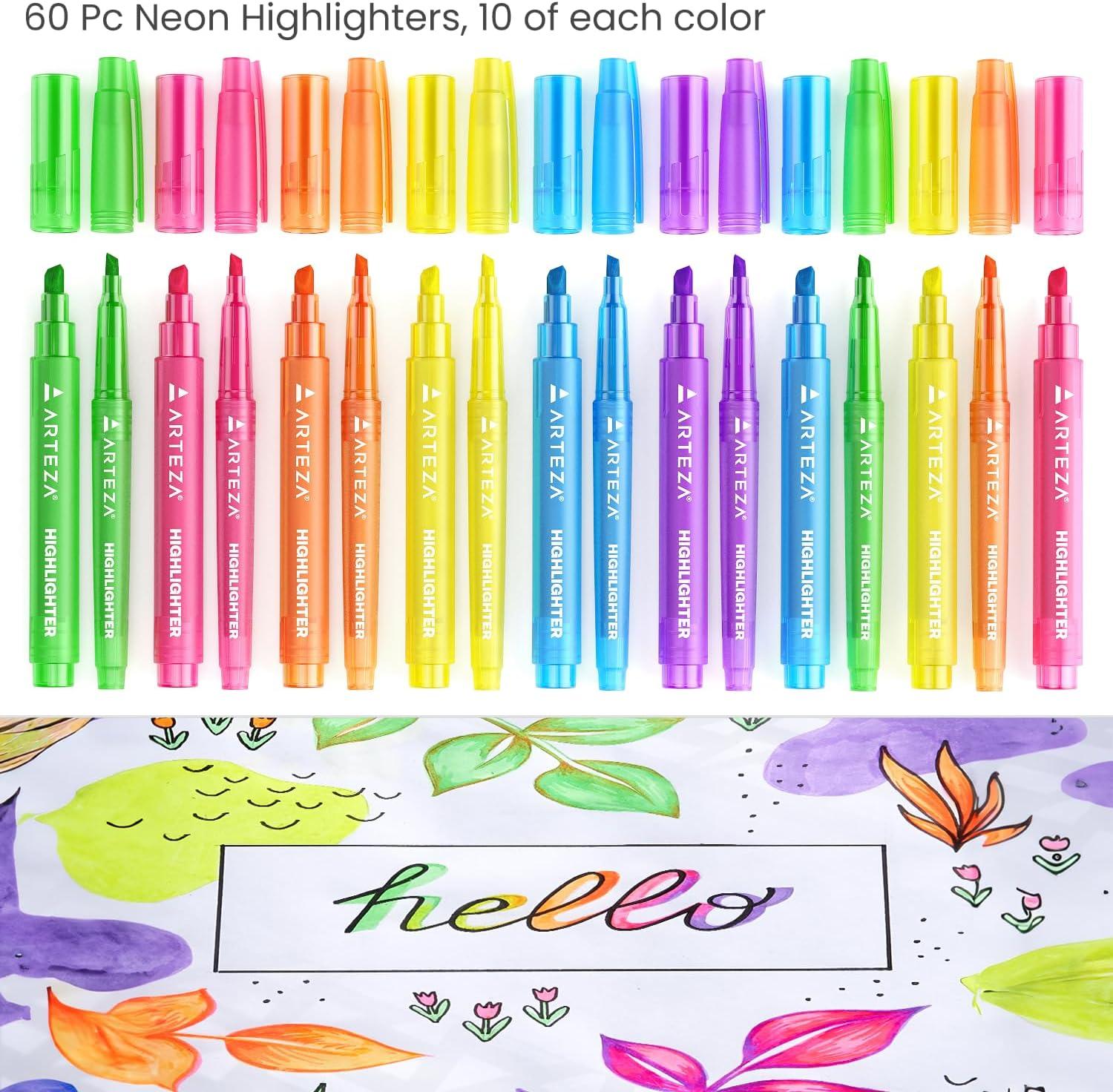 ARTEZA Highlighters – Bulk Set of 60 Neon Colors with Broad and Narrow Chisel Tips, Non-Toxic Quick-Dry Markers for School, Office, Journaling & Notes(1 Count (Pack of 60))