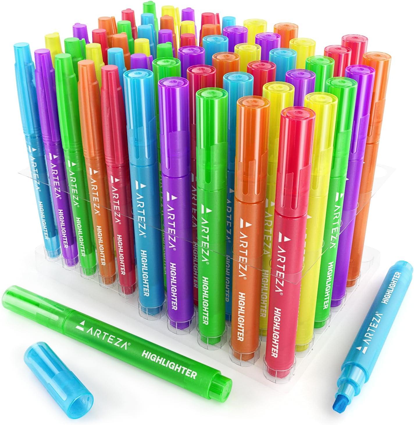 ARTEZA Highlighters – Bulk Set of 60 Neon Colors with Broad and Narrow Chisel Tips, Non-Toxic Quick-Dry Markers for School, Office, Journaling & Notes(1 Count (Pack of 60))
