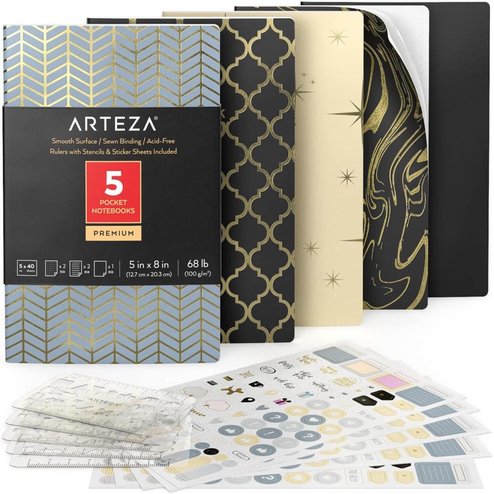 ARTEZA Pocket Notebooks, 5 x 8 Inches, Set of 5, 40 Sheets Each, Abstract Design, 2 Ruled, 2 Dotted and 1 Blank Softcover Journal with Smooth Paper(Moroccan Designs)