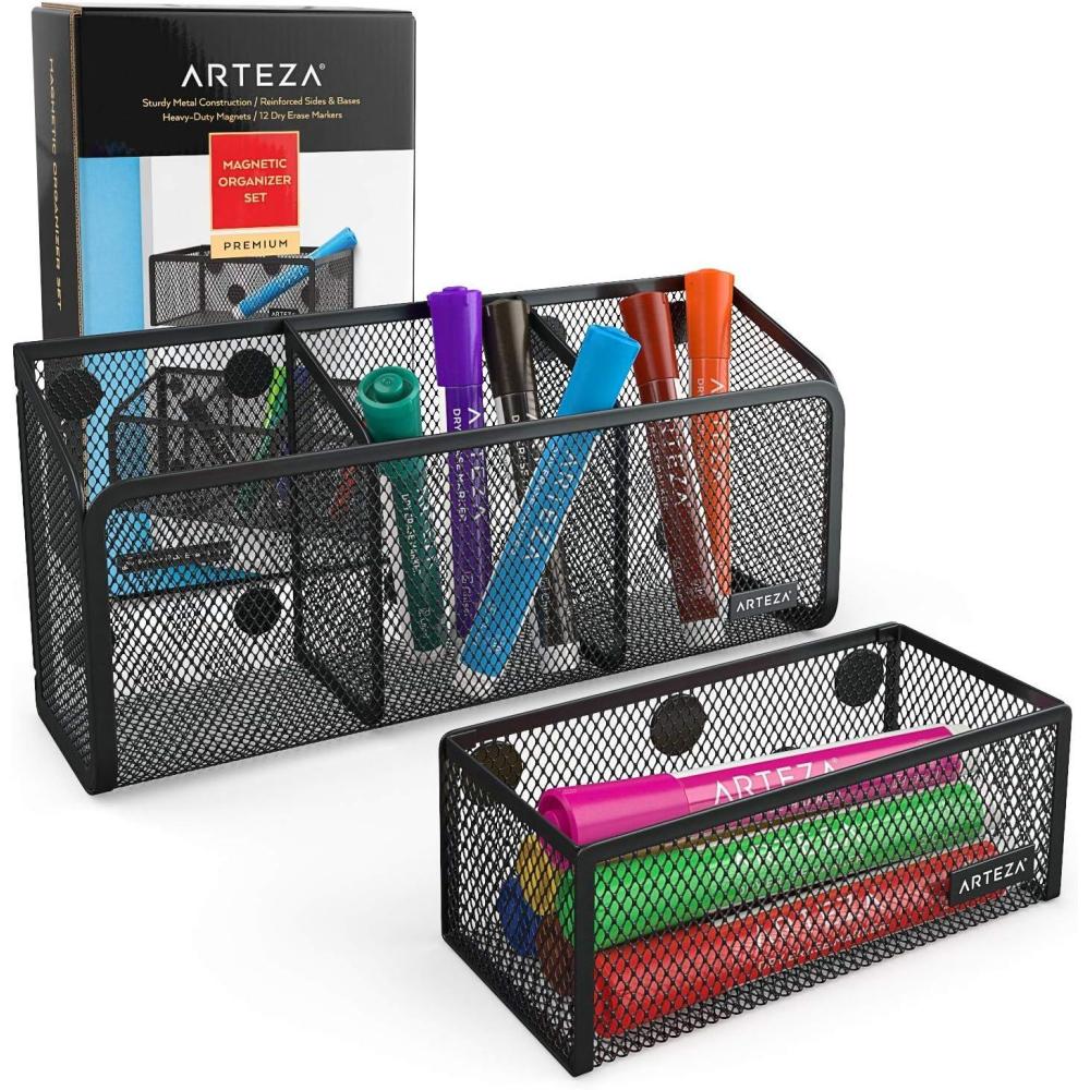 Arteza Mesh Magnetic Basket Organizers Include 12 Dry Erase Markers, Set of 2 Mesh Storage Baskets for Holding Whiteboard & Office Accessories