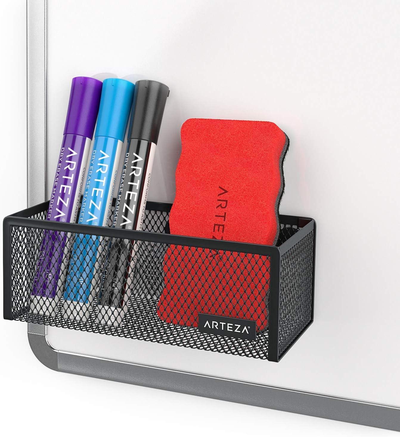 Arteza Mesh Magnetic Basket Organizers Include 12 Dry Erase Markers, Set of 2 Mesh Storage Baskets for Holding Whiteboard & Office Accessories