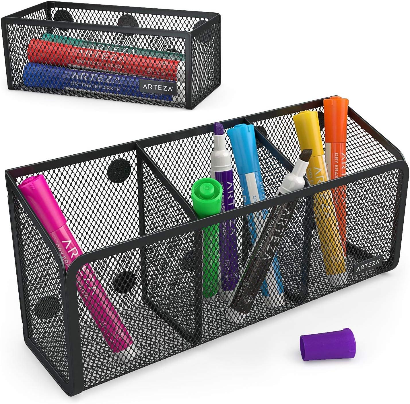 Arteza Mesh Magnetic Basket Organizers Include 12 Dry Erase Markers, Set of 2 Mesh Storage Baskets for Holding Whiteboard & Office Accessories