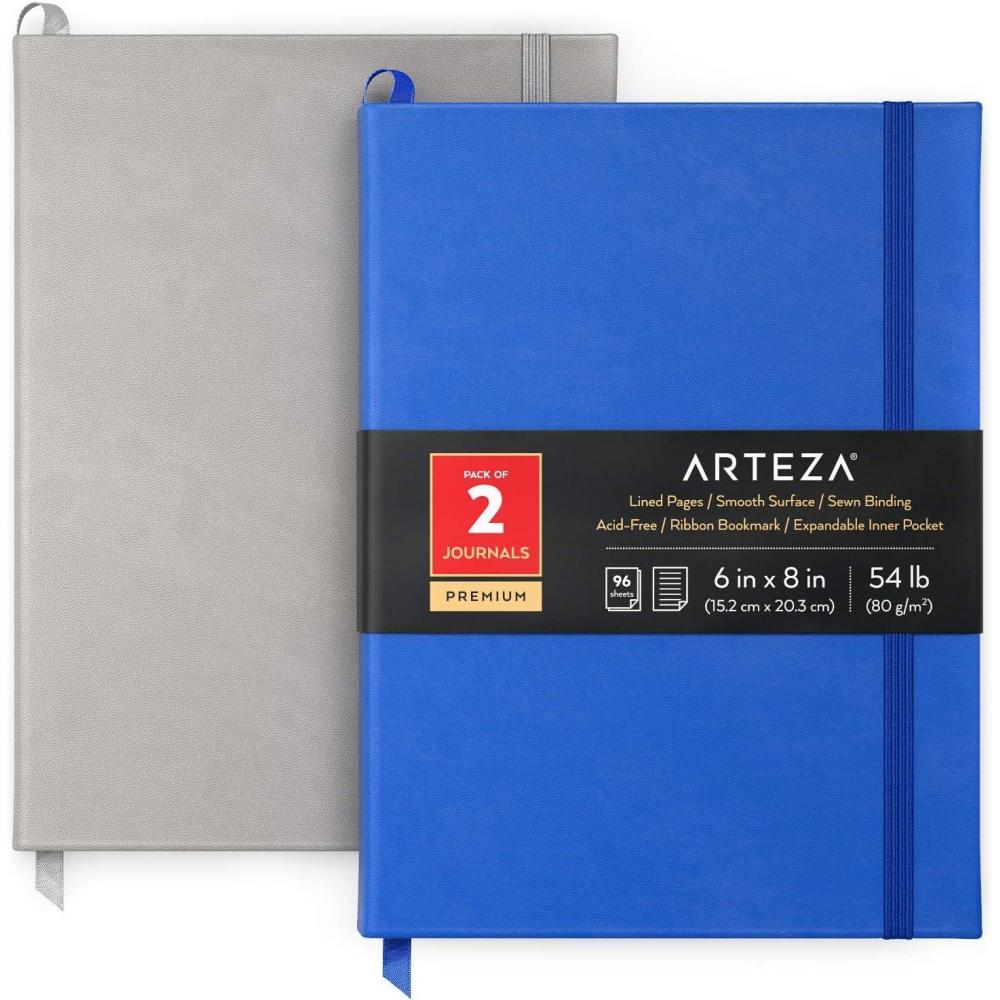 ARTEZA Journal Notebooks, Pack of 2, 6×8 Inches, 96 Sheets, Green and Saddle, Hardcover Notepads with Lined Paper(Cobalt Blue & Gray)