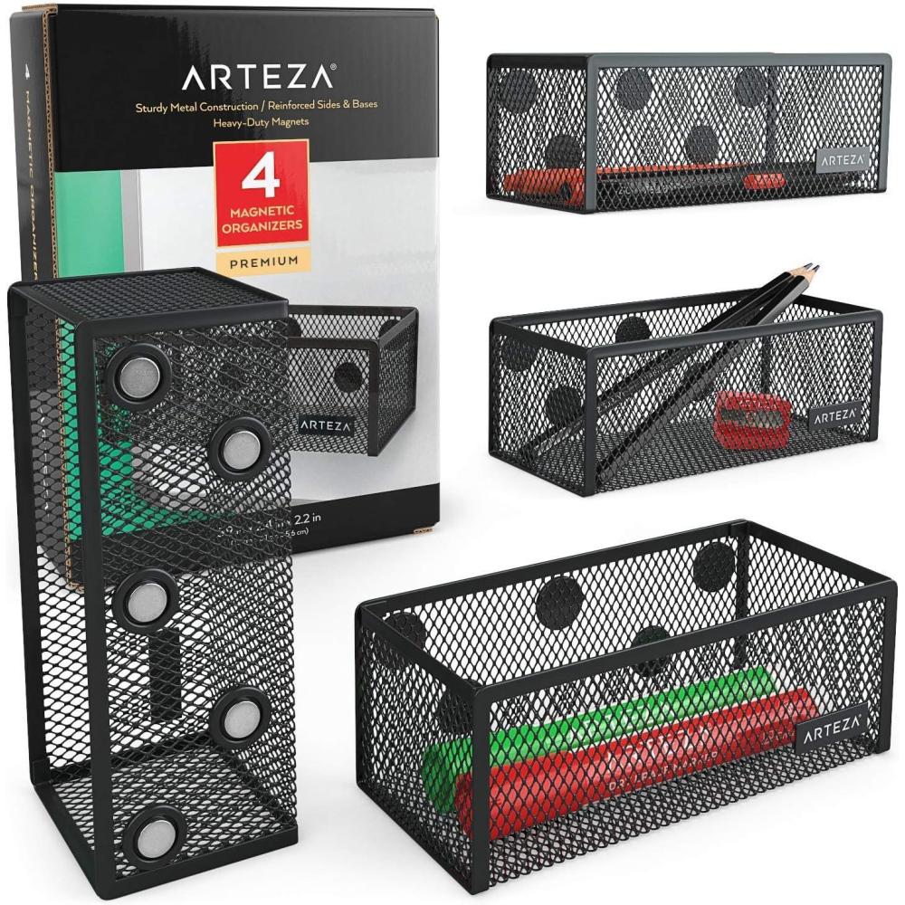 Arteza Mesh Metal Office Desk Organizer with Drawer, 6-Compartment Multi-Functional Design Holds Office Supplies & Accessories Like Pens, Pencils, Notes, Staplers & Scissors (Black)(Set of 4)