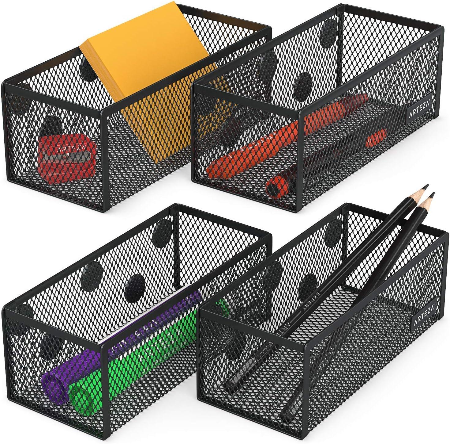 Arteza Mesh Metal Office Desk Organizer with Drawer, 6-Compartment Multi-Functional Design Holds Office Supplies & Accessories Like Pens, Pencils, Notes, Staplers & Scissors (Black)(Set of 4)