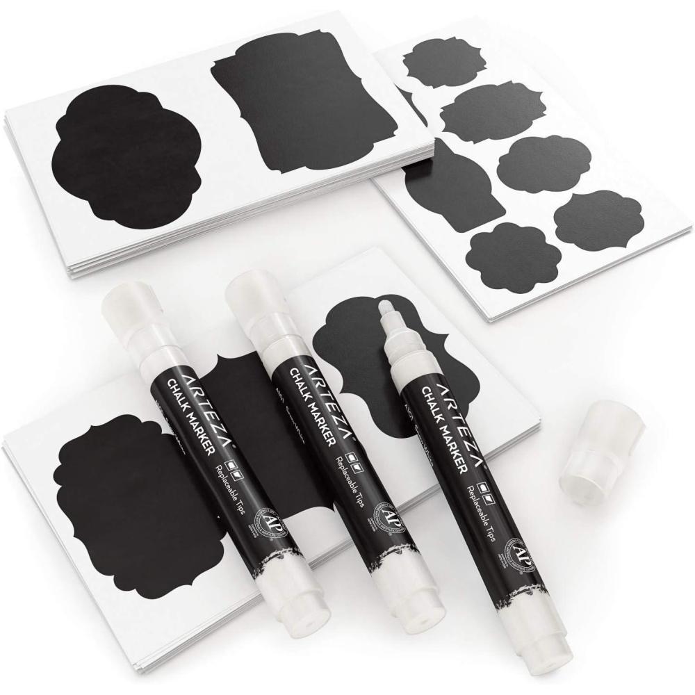 Arteza 150 Chalkboard Labels + 3 White Chalk Markers – Removable Chalk Labels for Jars – Waterproof Mason Jar Stickers(White)