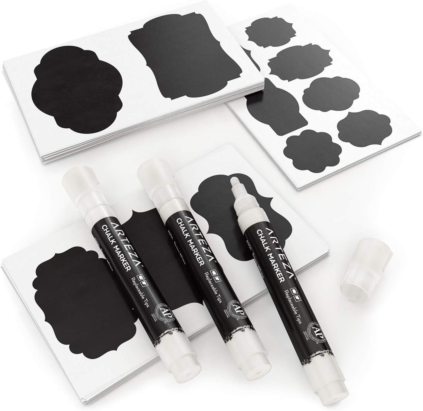 Arteza 150 Chalkboard Labels + 3 White Chalk Markers – Removable Chalk Labels for Jars – Waterproof Mason Jar Stickers(White)
