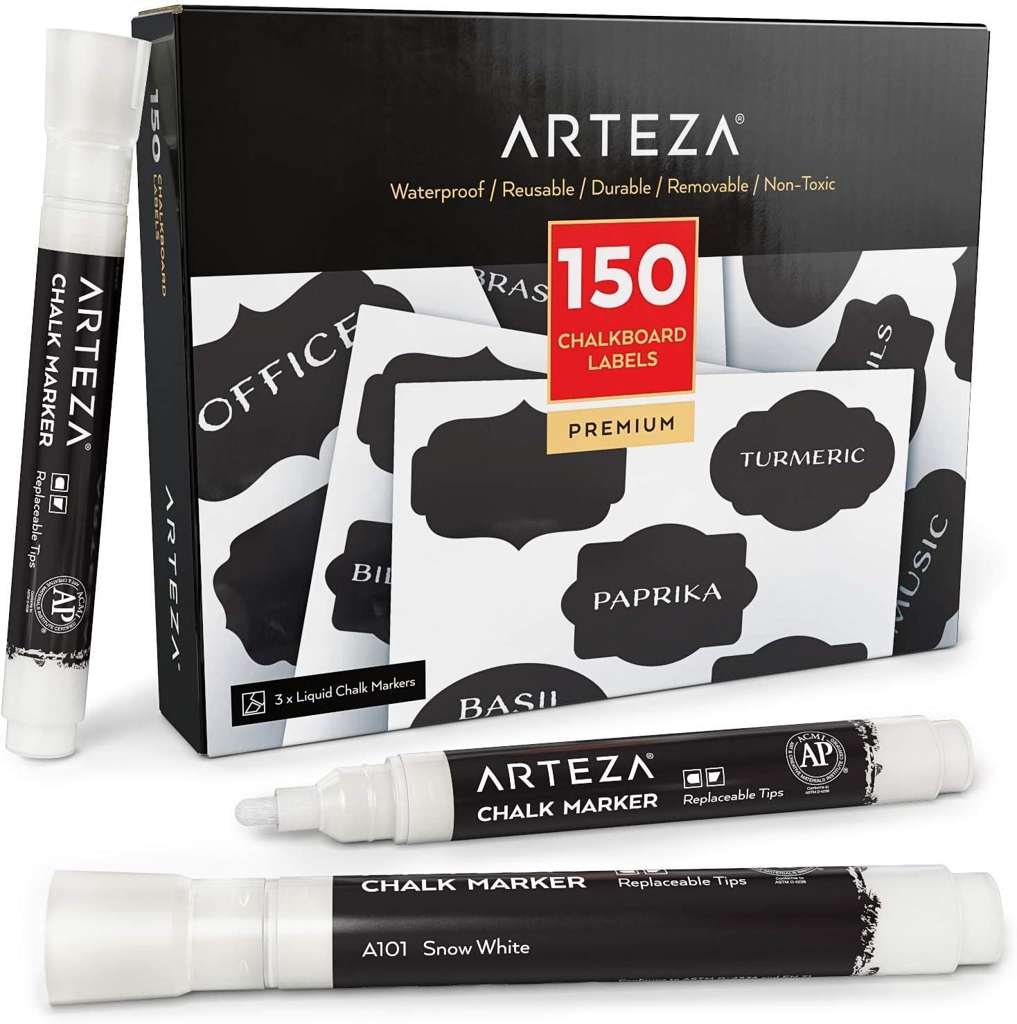 Arteza 150 Chalkboard Labels + 3 White Chalk Markers – Removable Chalk Labels for Jars – Waterproof Mason Jar Stickers(White)