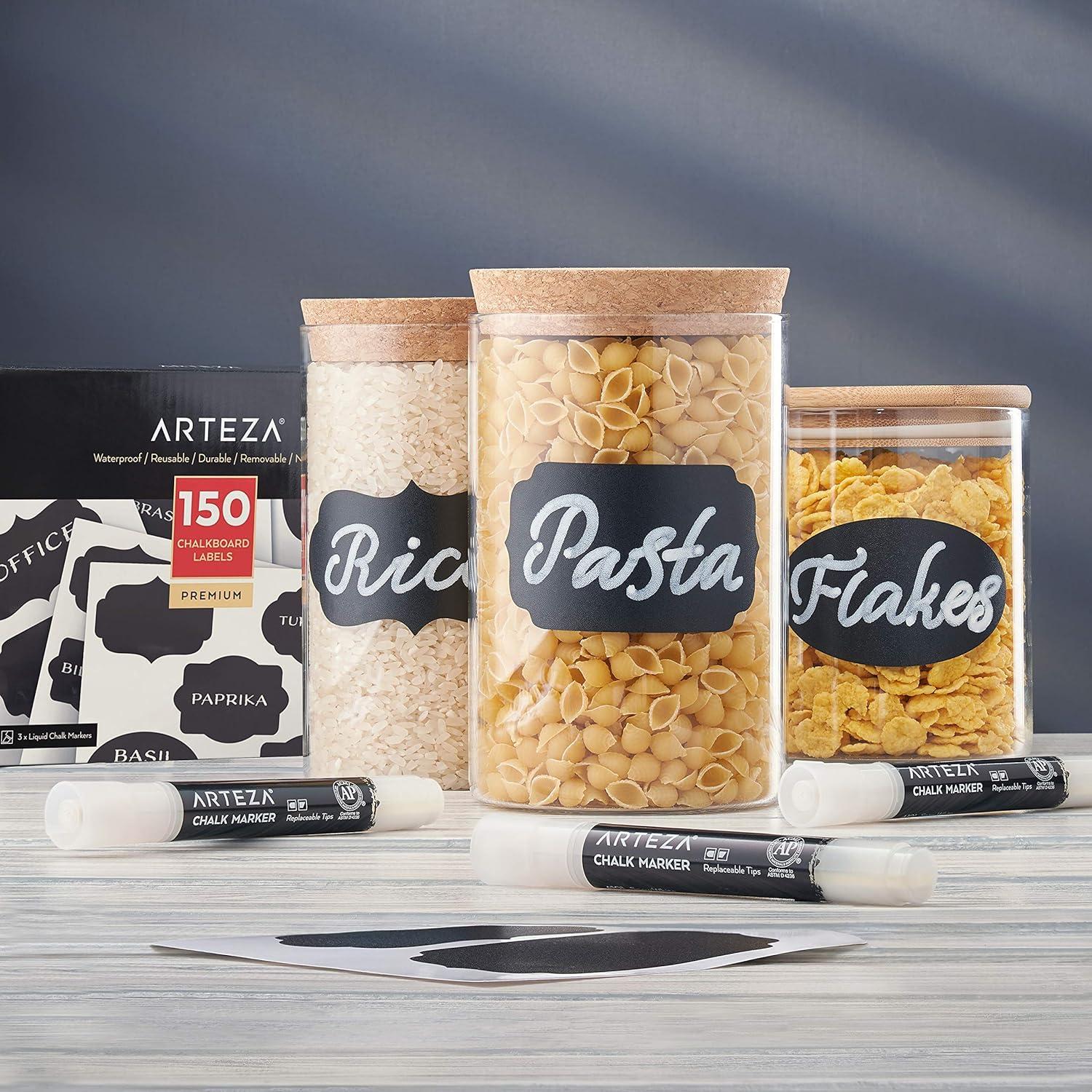 Arteza 150 Chalkboard Labels + 3 White Chalk Markers – Removable Chalk Labels for Jars – Waterproof Mason Jar Stickers(White)