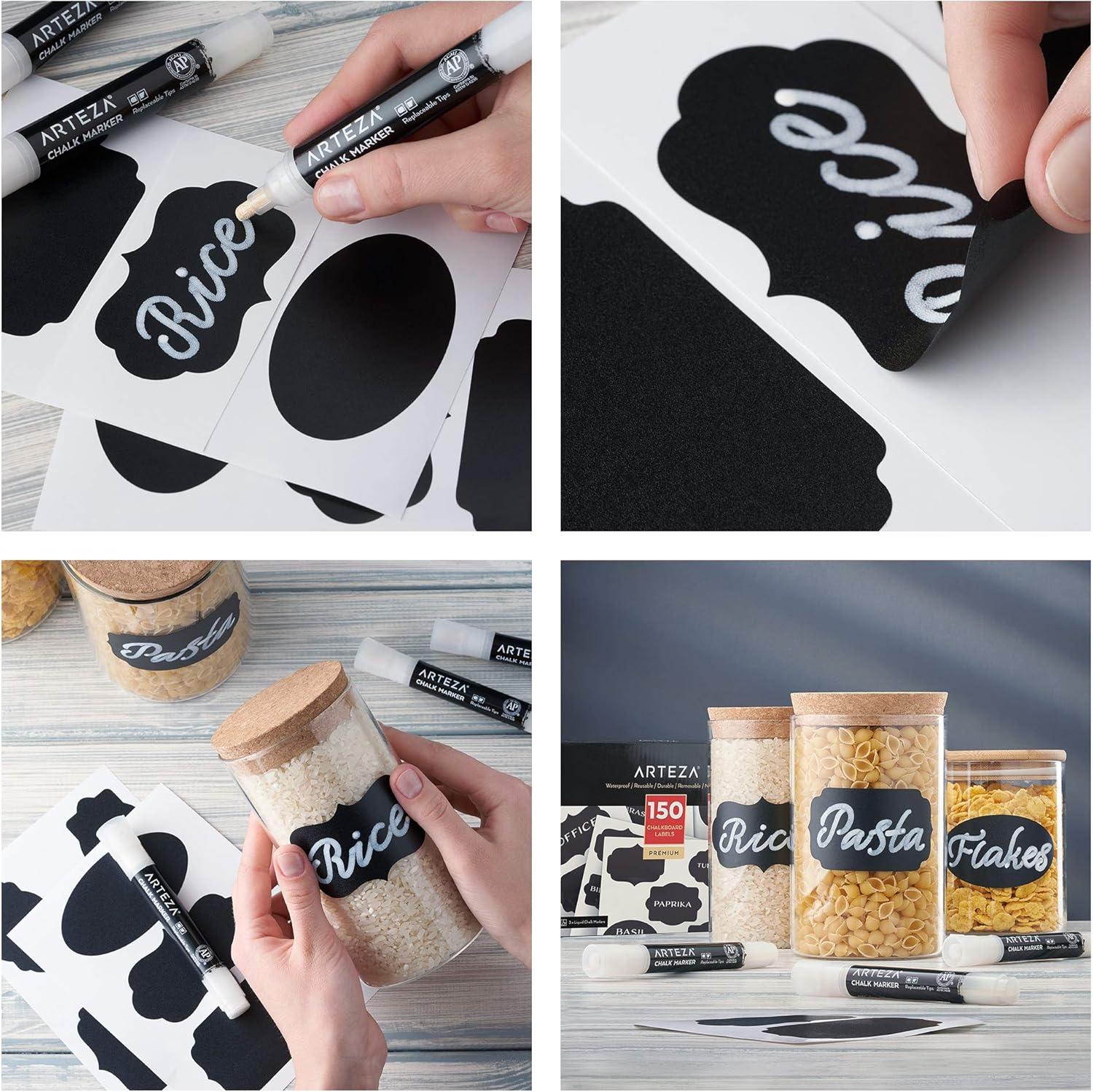 Arteza 150 Chalkboard Labels + 3 White Chalk Markers – Removable Chalk Labels for Jars – Waterproof Mason Jar Stickers(White)