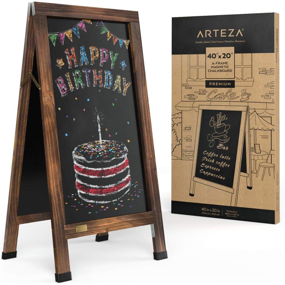 Arteza 40×20 Inch A-Frame Chalkboard Easel Set, Outdoor Chalkboard Sign with Chalk Sticks, Chalk Markers, Erasers, and Stencils, Standing Sign, Office Supplies for Businesses, Announcements & Events(40×20 Inch)