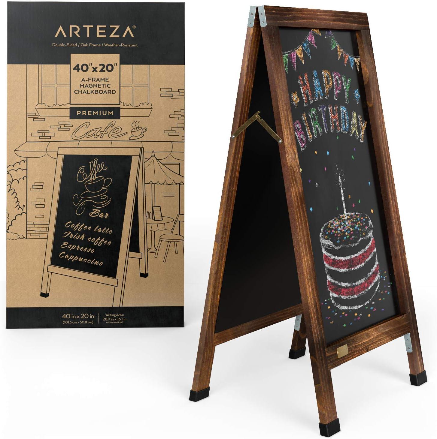 Arteza 40×20 Inch A-Frame Chalkboard Easel Set, Outdoor Chalkboard Sign with Chalk Sticks, Chalk Markers, Erasers, and Stencils, Standing Sign, Office Supplies for Businesses, Announcements & Events(40×20 Inch)