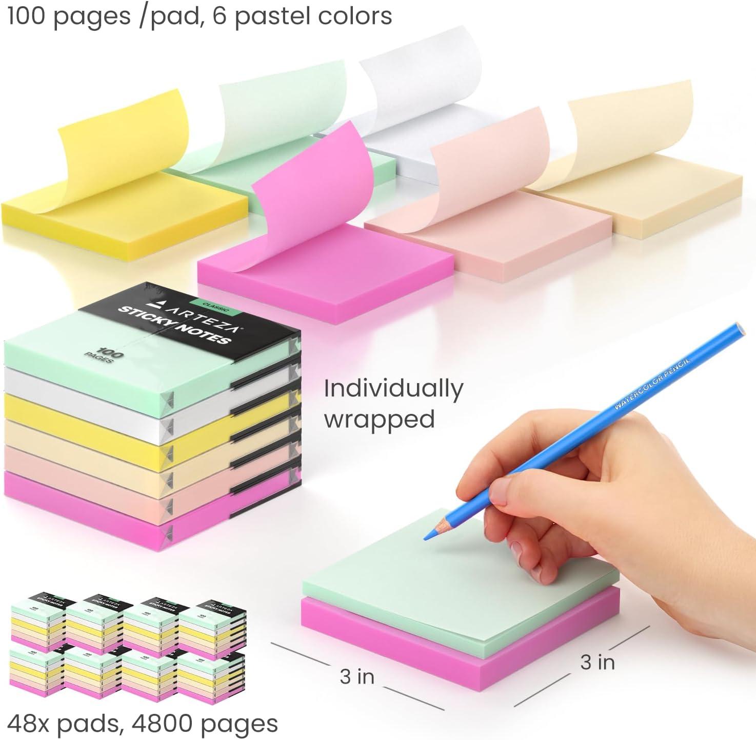 ARTEZA Sticky Notes 3×3 inches, 48 Sticky Pads, Bulk Sticky Note Pads, Assorted Multicolor Self-Adhesive Notes(48 Pack)