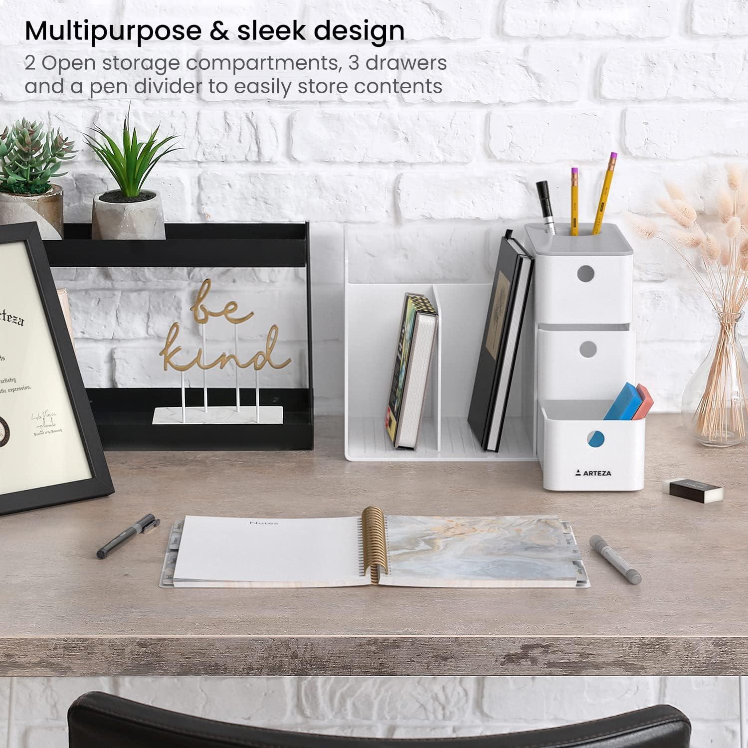 ARTEZA Desktop Storage Rack with Divider – 3 Drawers for Art and Office Supplies, Pencil Holder Organizer for Desk, 11.57 x 8.43 x 8.5 in, Cool Gray(3 Drawers White)