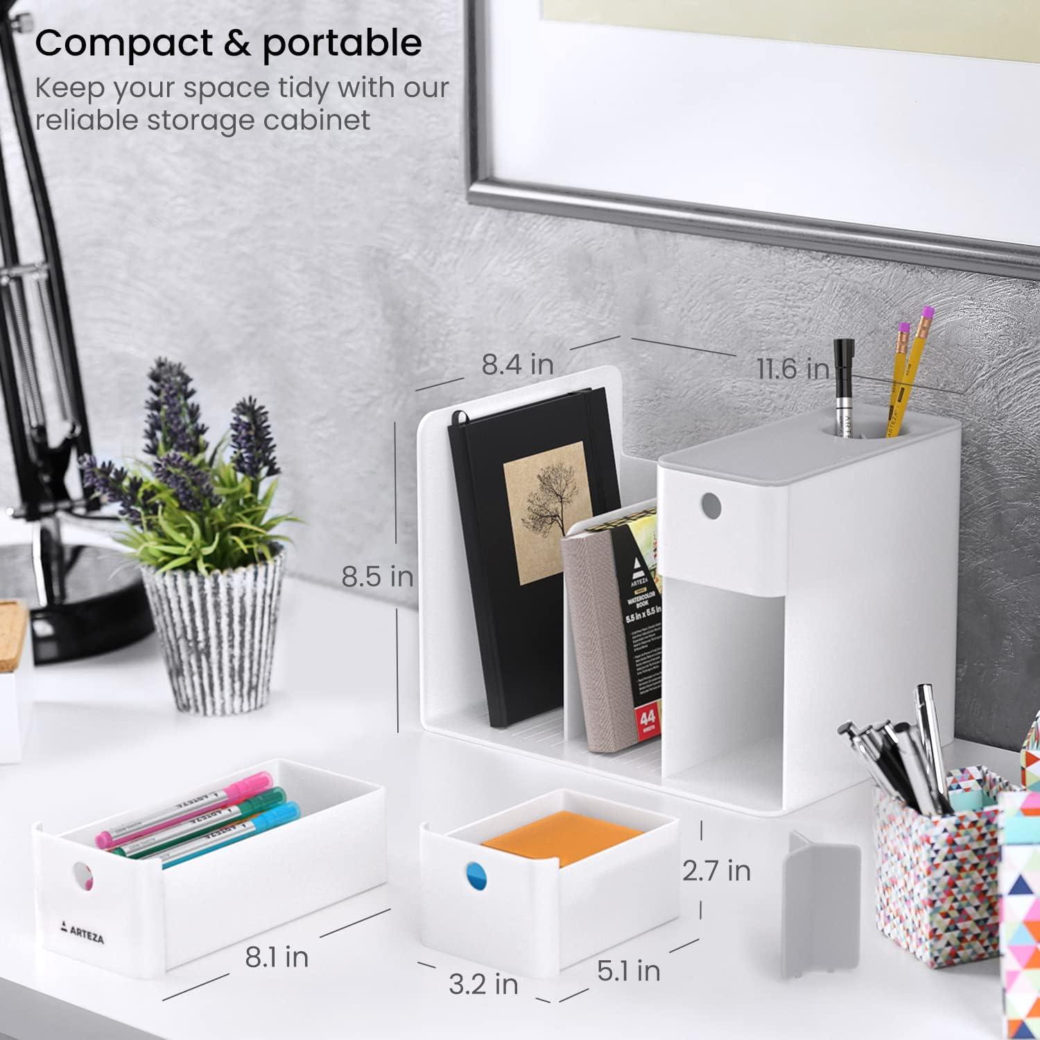 ARTEZA Desktop Storage Rack with Divider – 3 Drawers for Art and Office Supplies, Pencil Holder Organizer for Desk, 11.57 x 8.43 x 8.5 in, Cool Gray(3 Drawers White)