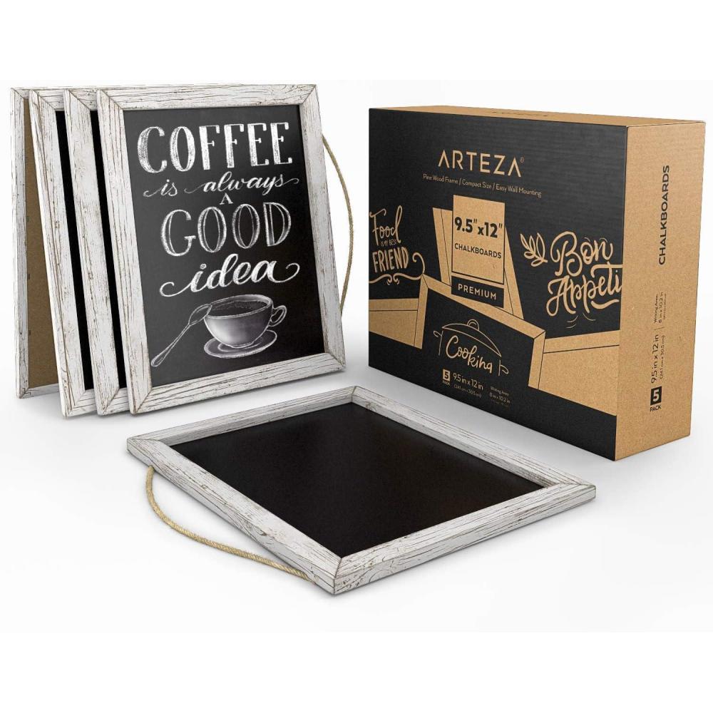 ARTEZA Vintage Framed Chalkboards, Pack of 5, 9.5 x 12 Inches, Decorative Blackboards with String, Art Supplies for Cafes, Stores, Kitchen, Weddings & Special Events