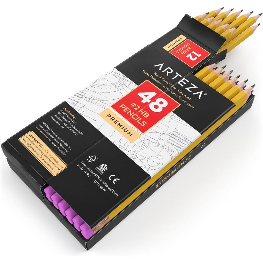 ARTEZA HB Pencils #2, Pack of 48 Wood-Cased Graphite Pre-Sharpened Pencils in Bulk, Office and School Supplies for Exams, Classrooms, Students