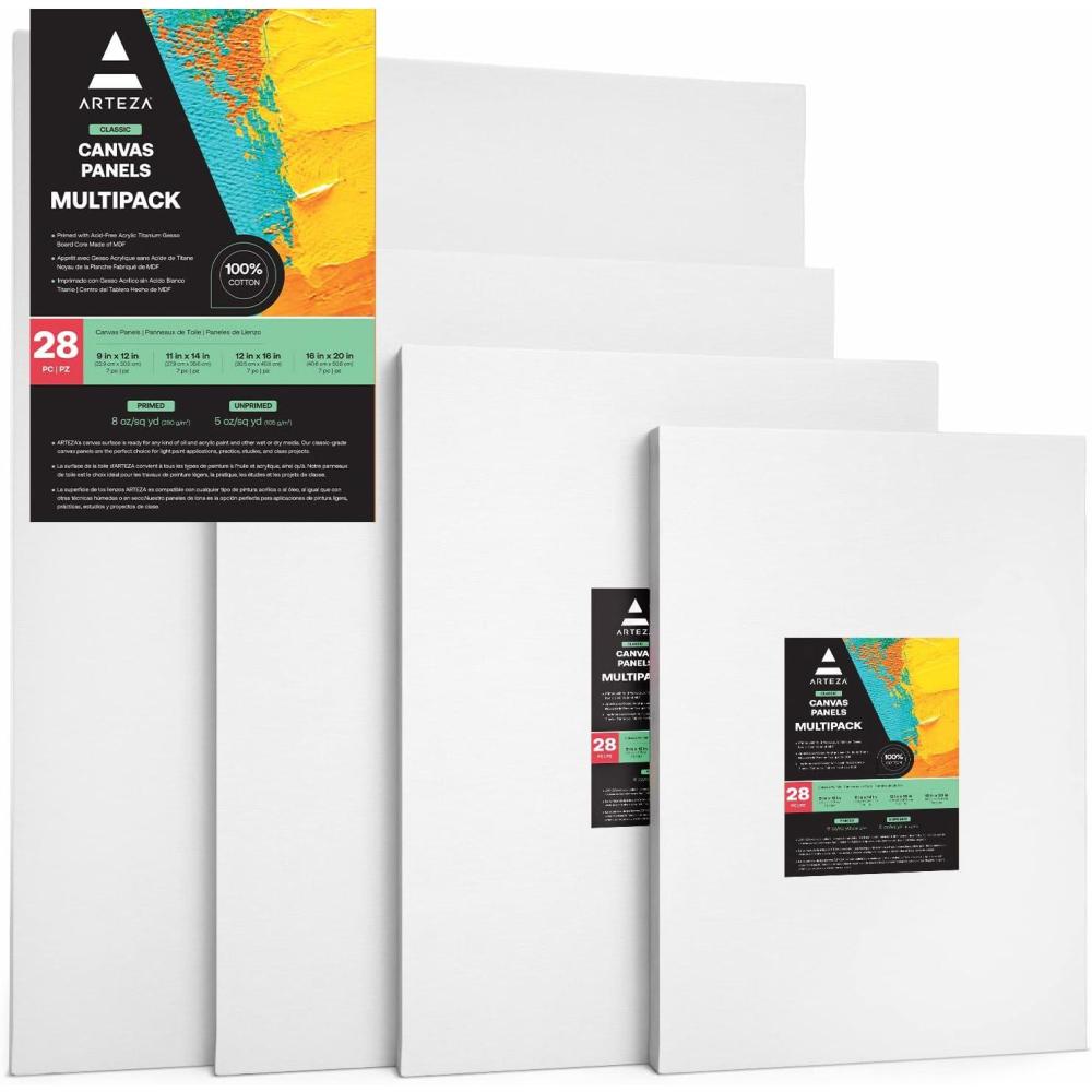 ARTEZA Canvas Boards for Painting, 8 x 10 Inches, Pack of 28, Blank White Canvas Panels for Acrylic, Oil and Gouache Painting(9 x 12  11 x 14  12 x 16  16 x 20 Inches)