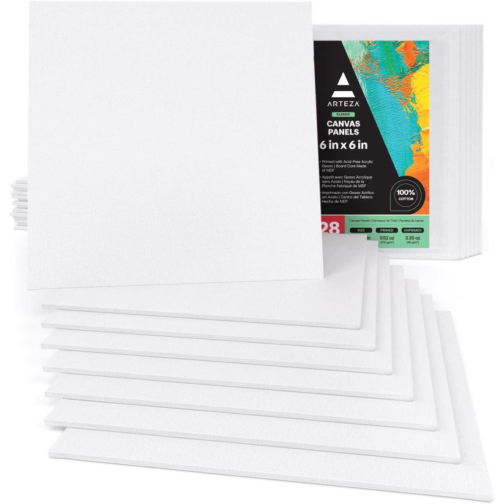 ARTEZA Canvas Boards for Painting, 5 x 7 Inches, Pack of 14, Blank White Small Canvas Panels for Acrylic, Oil and Gouache Painting(6 x 6 (Pack of 28))