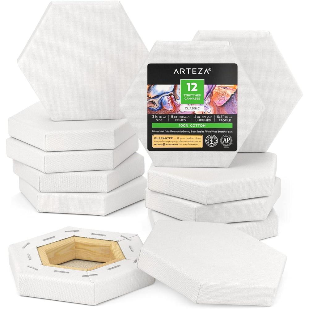 ARTEZA Hexagonal Stretched Canvas, 6 Inch Side, Pack of 9, Blank White Canvas Boards for Acrylic, Oil and Gouache Painting(2 inch)