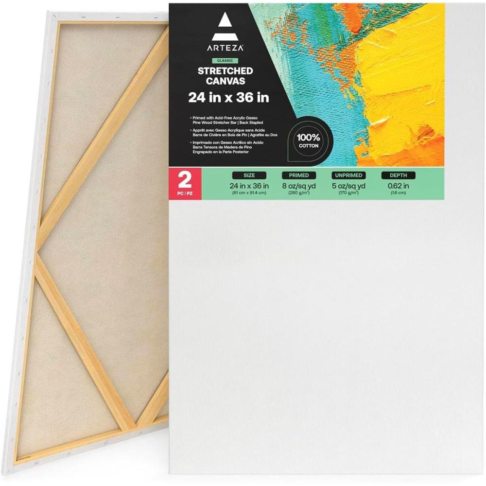 ARTEZA Stretched Canvas, 24 x 36 Inches, Pack of 2, Blank White Large Canvas for Painting for Acrylic, Oil and Gouache Paints