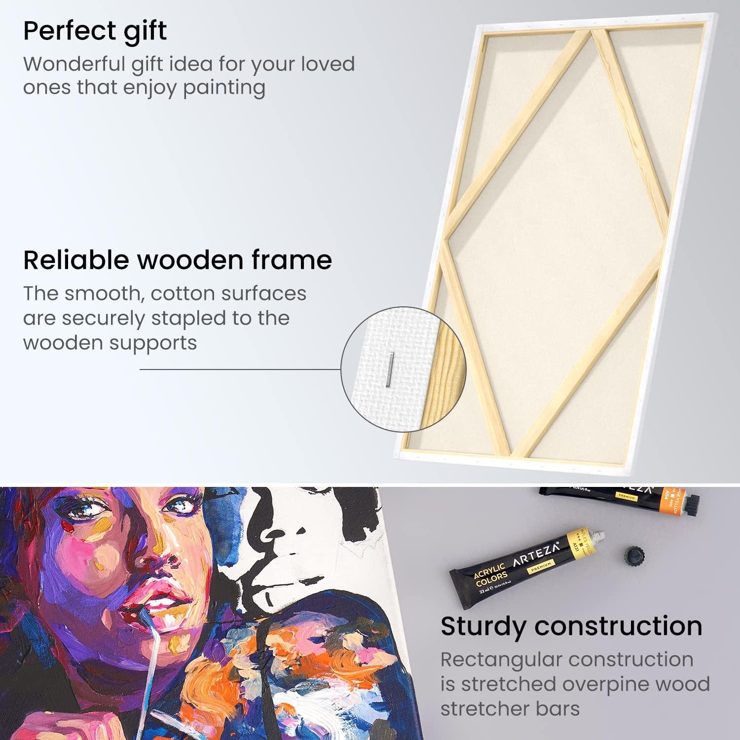 ARTEZA Stretched Canvas, 24 x 36 Inches, Pack of 2, Blank White Large Canvas for Painting for Acrylic, Oil and Gouache Paints