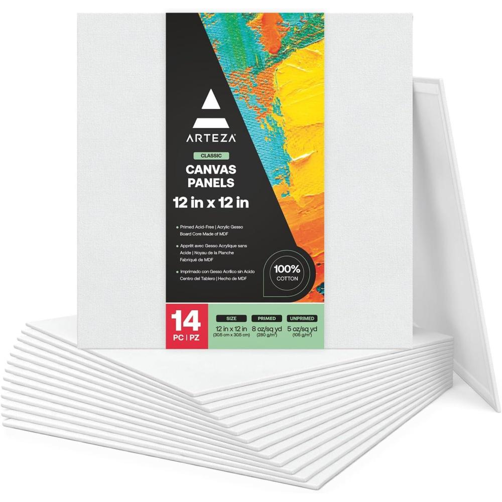 ARTEZA Canvas Boards for Painting, 8 x 10 Inches, Pack of 28, Blank White Canvas Panels for Acrylic, Oil and Gouache Painting(12 x 12 (Pack of 14))