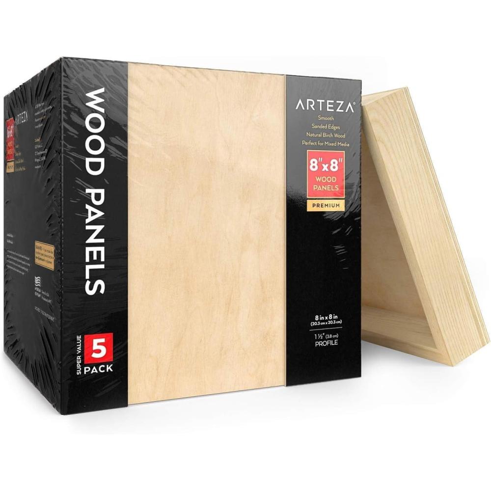 ARTEZA Wooden Canvas Board, 9×12 Inch, Pack of 5 | Cradled Birch Wood Panels for Painting, Acrylic Pouring, Encaustic Art & Wood Burning(8×8 Inch)