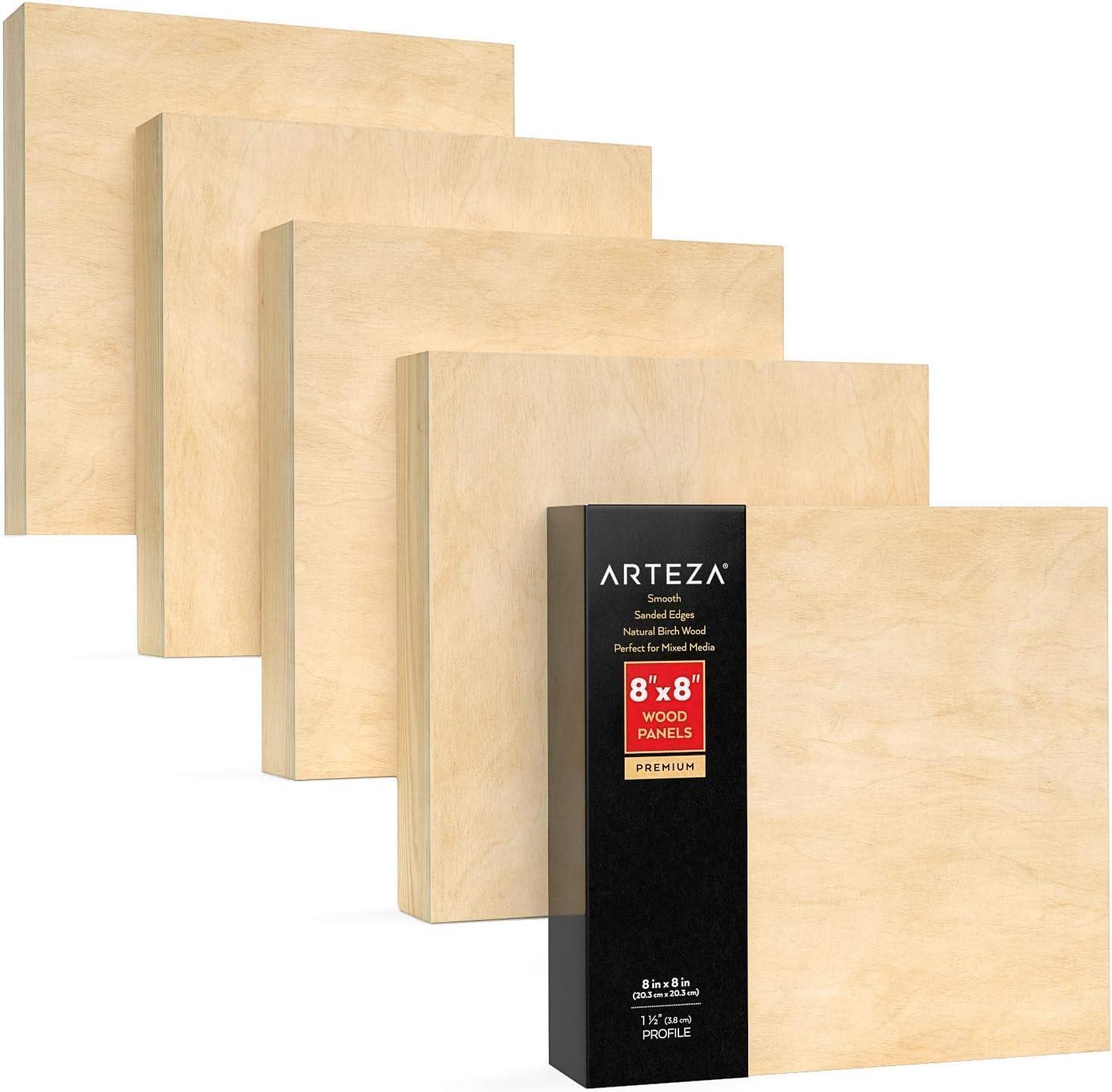 ARTEZA Wooden Canvas Board, 9×12 Inch, Pack of 5 | Cradled Birch Wood Panels for Painting, Acrylic Pouring, Encaustic Art & Wood Burning(8×8 Inch)