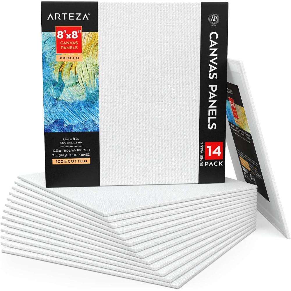 ARTEZA Canvas Boards for Painting, 5 x 7 Inches, Pack of 14, Blank White Small Canvas Panels for Acrylic, Oil and Gouache Painting(8 x 8 inch  14 pack)