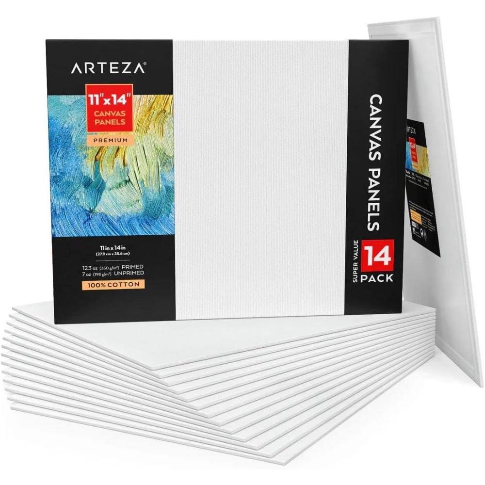 ARTEZA Premium Canvas Boards for Painting, 11 x 14 Inches, Pack of 14, Blank White Canvas Panels for Acrylic, Oil and Gouache Painting