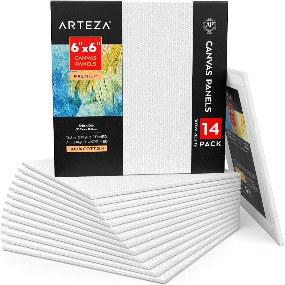 ARTEZA Canvas Boards for Painting, 8 x 10 Inches, Pack of 28, Blank White Canvas Panels for Acrylic, Oil and Gouache Painting(6 x 6 (Pack of 14))