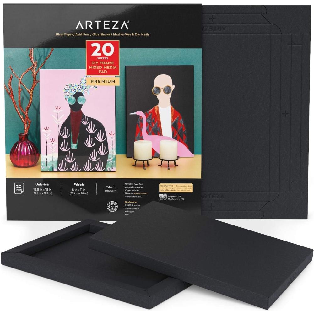 ARTEZA Mixed Media Paper Foldable Canvas Pad, 8×11 Inches, 20 Sheets, Black Paper