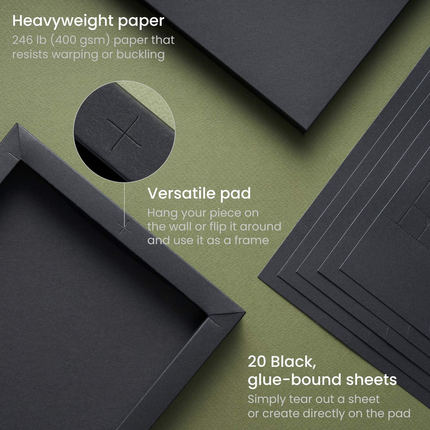 ARTEZA Mixed Media Paper Foldable Canvas Pad, 8×11 Inches, 20 Sheets, Black Paper