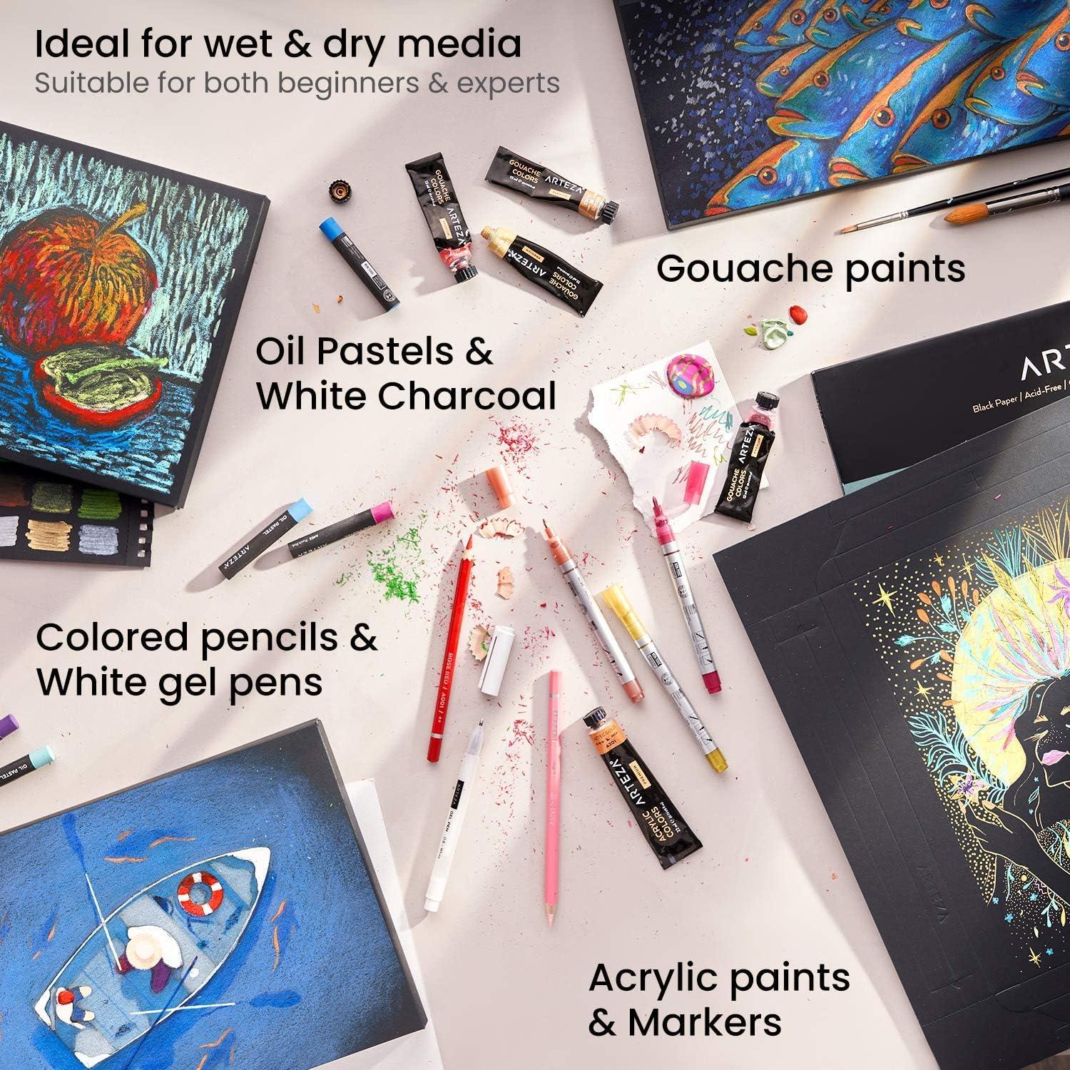 ARTEZA Mixed Media Paper Foldable Canvas Pad, 8×11 Inches, 20 Sheets, Black Paper