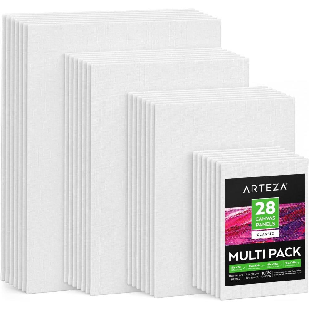 ARTEZA Canvas Boards for Painting, 5 x 7 Inches, Pack of 14, Blank White Small Canvas Panels for Acrylic, Oil and Gouache Painting(5×7  8×10  9×12  11×14 (Pack of 28))