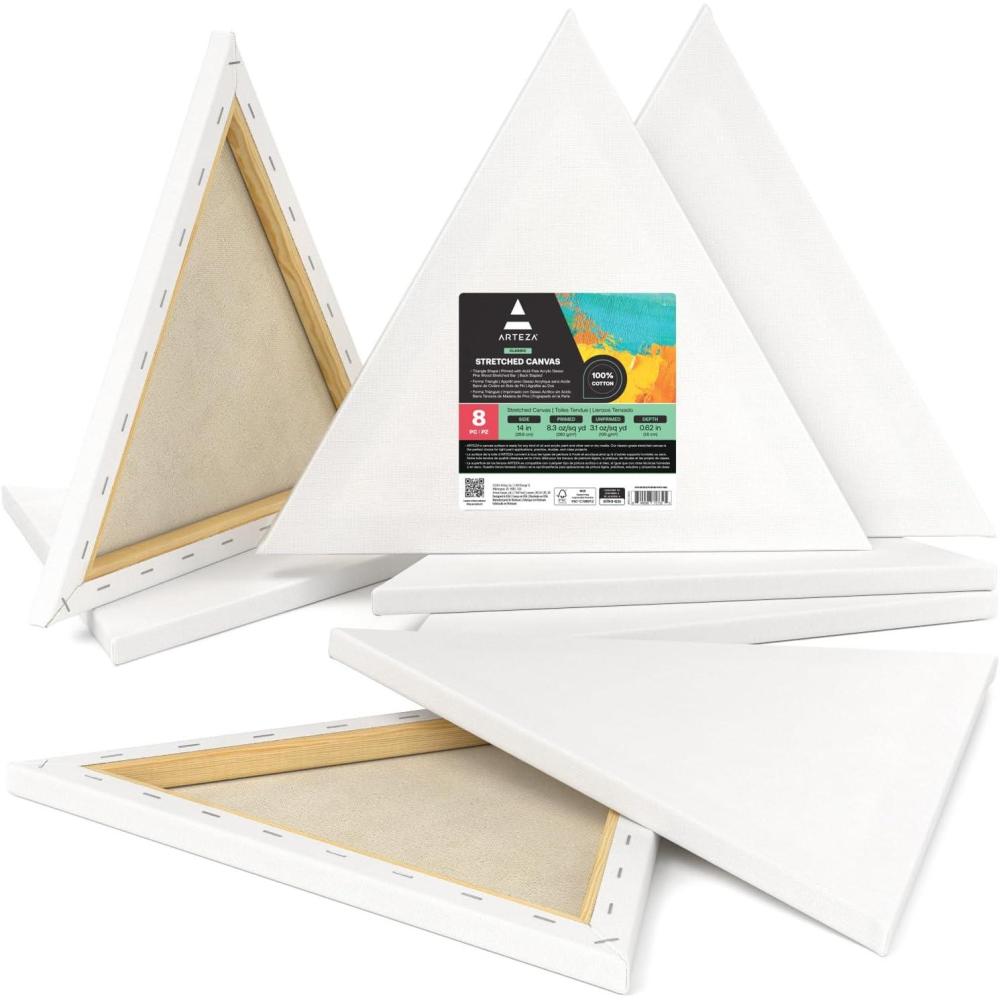 ARTEZA Triangle Stretched Canvas 14 Inch Side Pack of 8 – Blank White Cotton Canvases for Acrylic, Oil, Gouache Painting – Pre-Primed on Wood Frame(14 inch)