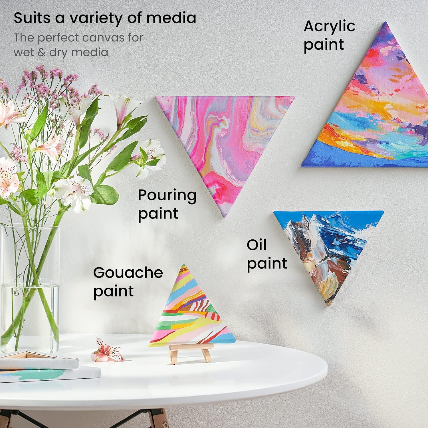 ARTEZA Triangle Stretched Canvas 14 Inch Side Pack of 8 – Blank White Cotton Canvases for Acrylic, Oil, Gouache Painting – Pre-Primed on Wood Frame(14 inch)