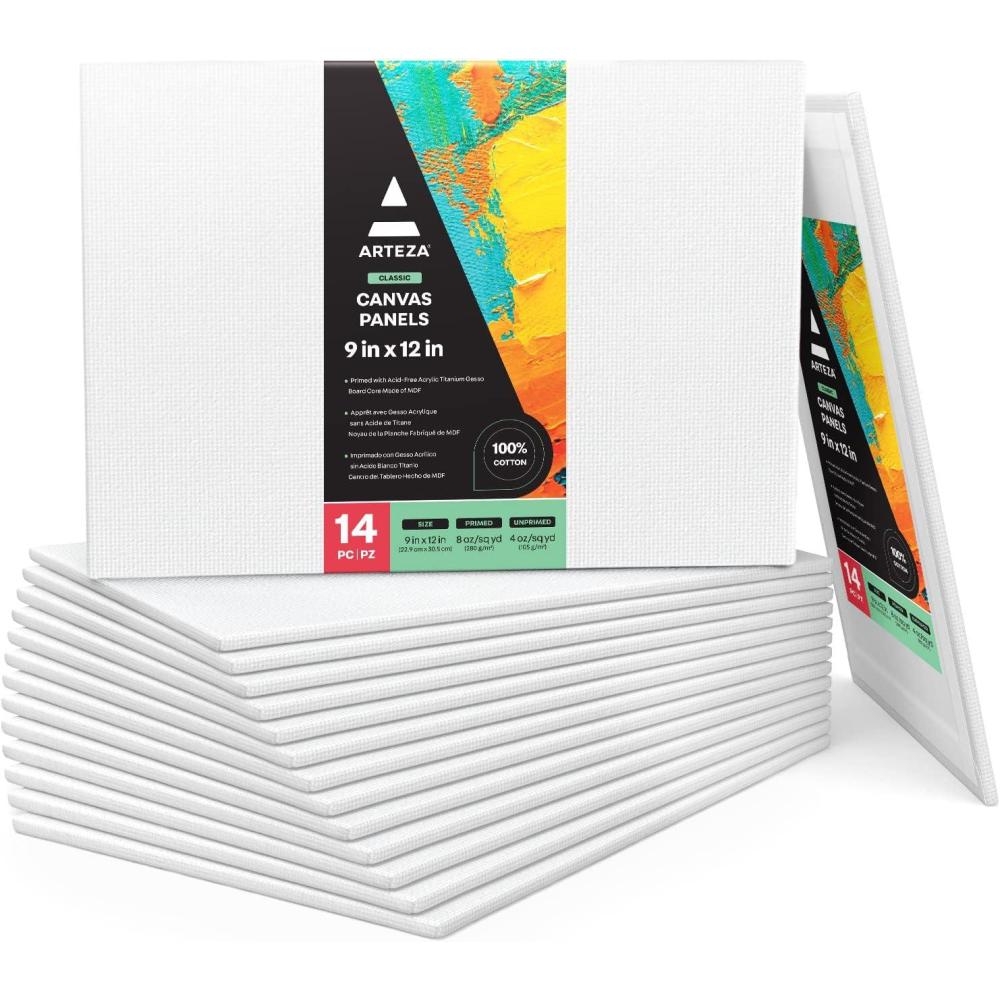 ARTEZA Canvas Boards for Painting, 5 x 7 Inches, Pack of 14, Blank White Small Canvas Panels for Acrylic, Oil and Gouache Painting(9 x 12 (Pack of 14))