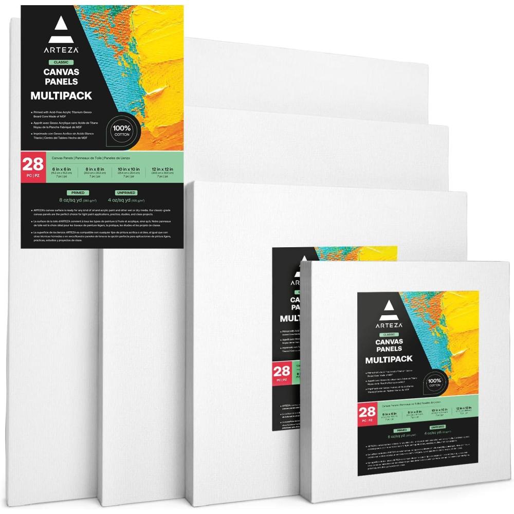 ARTEZA Canvas Boards for Painting, 5 x 7 Inches, Pack of 14, Blank White Small Canvas Panels for Acrylic, Oil and Gouache Painting(6×6  8×8  10×10  12×12 (Pack of 28))