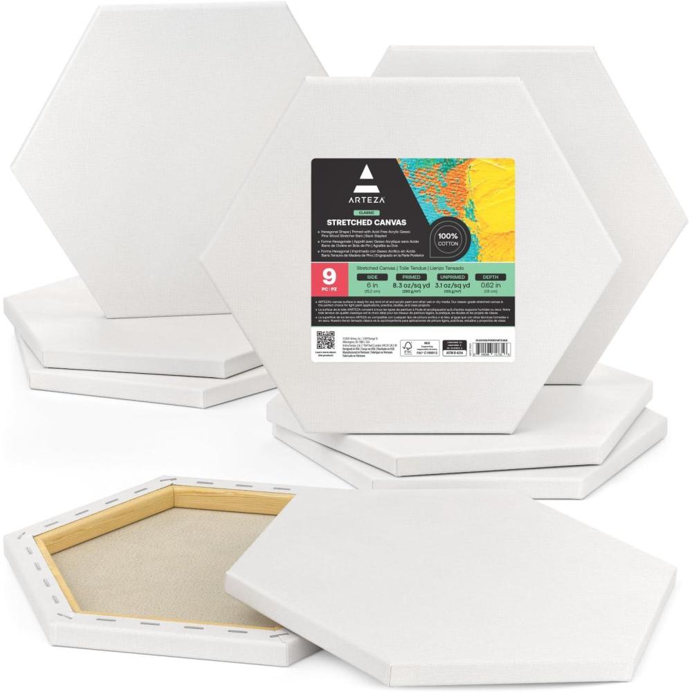 ARTEZA Hexagonal Stretched Canvas, 6 Inch Side, Pack of 9, Blank White Canvas Boards for Acrylic, Oil and Gouache Painting(6 inch)
