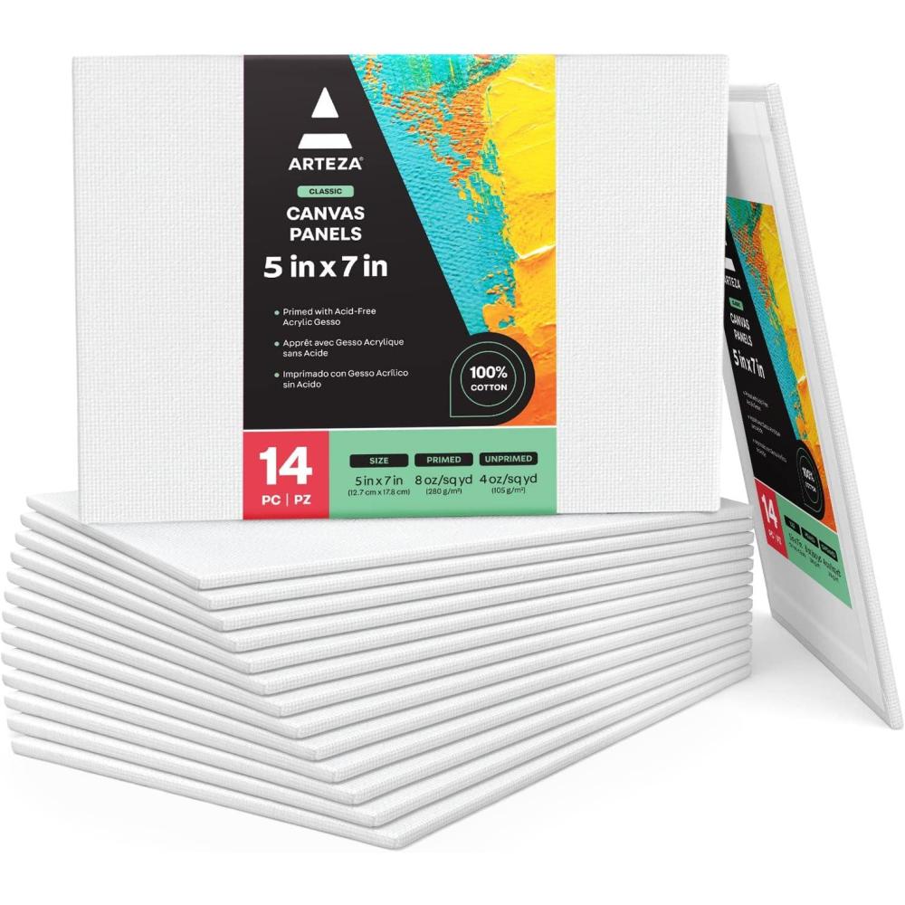 ARTEZA Canvas Boards for Painting, 5 x 7 Inches, Pack of 14, Blank White Small Canvas Panels for Acrylic, Oil and Gouache Painting(5 x 7 (Pack of 14))